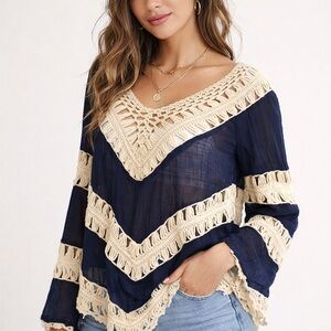 Umgee Boho Crochet Trim Sheer Blouse | Festival Coastal Western Medium